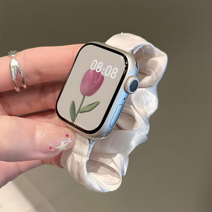 허밍 애플워치 호환 스트랩 스크런치 밴드 실크 곱창 감성, 스타라이트