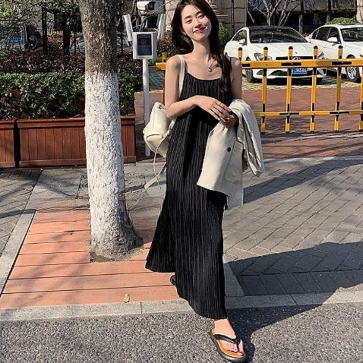 핏몬 여성 여름 구김없는 플리츠 끈 나시 롱 원피스