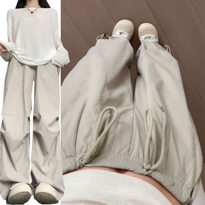 봄 가을 여성 카고 바지 여성 하이웨이스트 슬림핏 개성 주름 패러슈트 스타일 캐주얼 트레이닝 팬츠 WJY