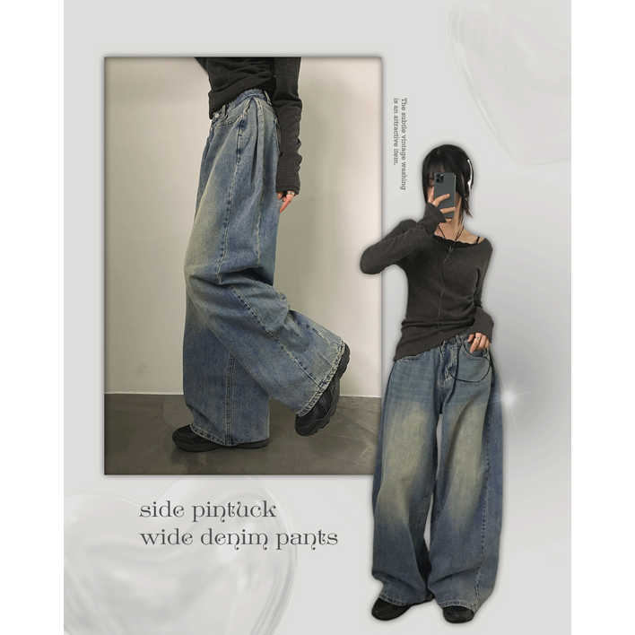 [롱,숏/5color] 코온 사이드 핀턱 벌룬핏 빈티지 워싱 롱 와이드 데님 팬츠