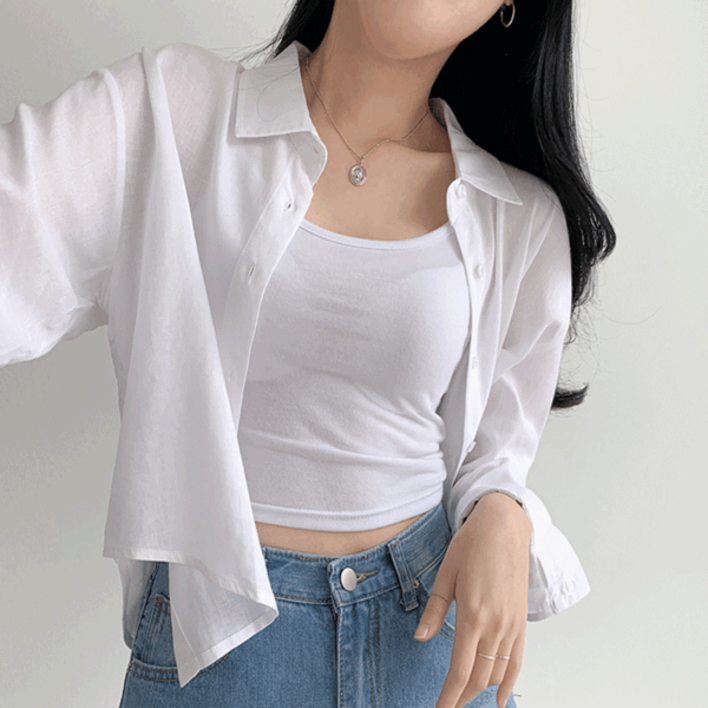 린넨 레이온 혼방 크롭 긴팔 블라우스 P0007815