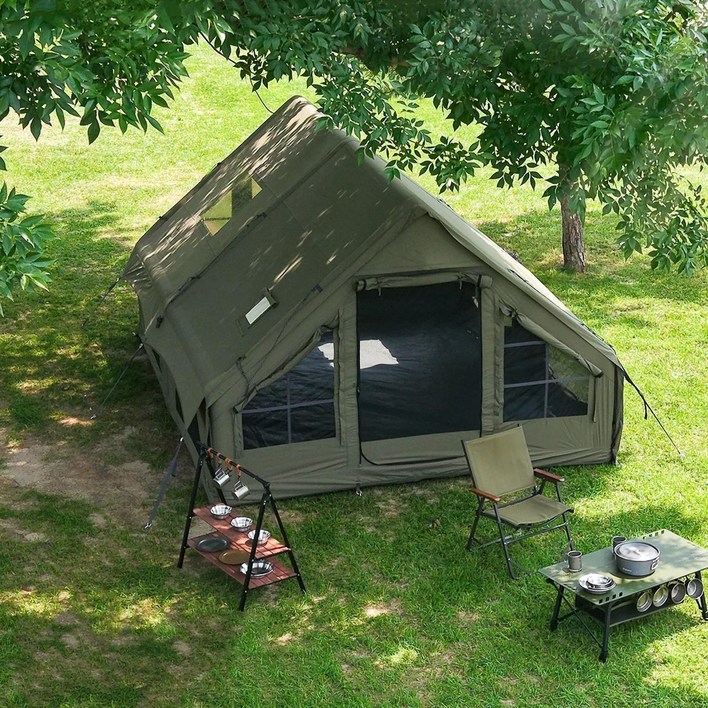 48인용 인플레이터블 캠핑 텐트  퀵설치 에어텐트, 4계절 방수 휴대용 아웃도어 텐트 스토브 잭 포함, 메쉬 창문  도어, 초대형 캐노피 리빙룸 설계로 캠핑 및 야외 활동