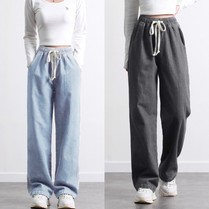 투뎃 여성용 빅사이즈 올밴딩 일자 데님 팬츠