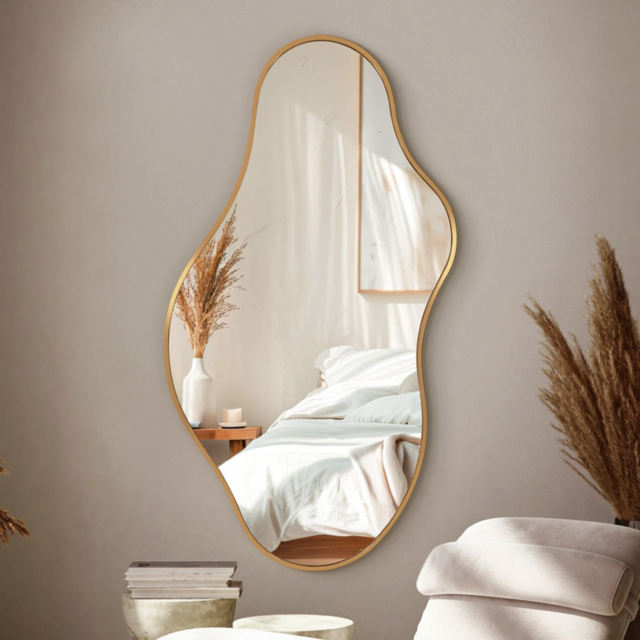 Fahomiss 비정형 거울 웨이브미러 벽걸이 깨짐방지 유리 거울, 골드