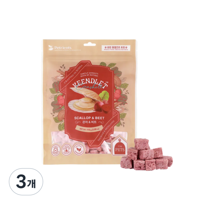 펫트리언츠 킨들릿 라지 야채 과일 해산물 동결건조 간식 강아지 고양이 선물 토핑 트릿, 3개, 110g, 관자비트코라쉘