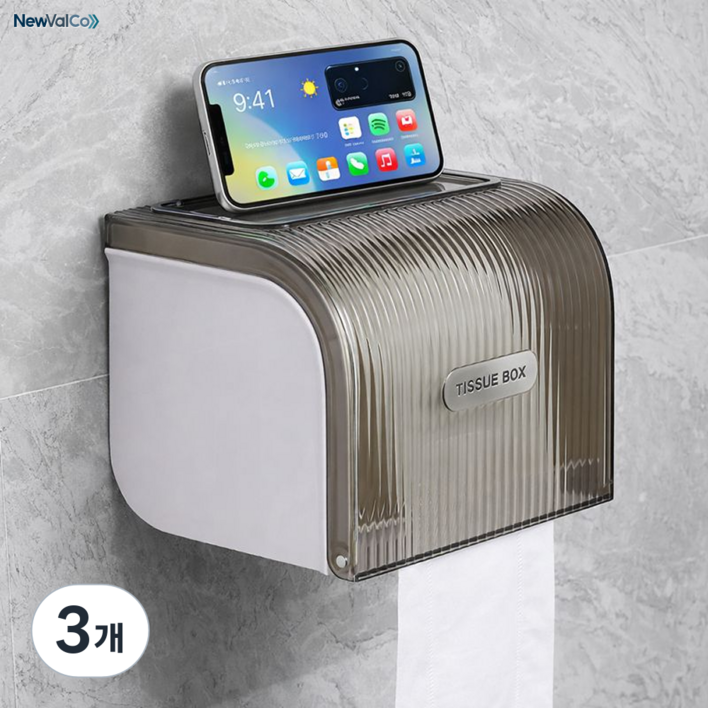 뉴밸코 무타공 욕실 방수 휴지걸이 화장지 케이스 선반형, 3개, 클라우드 그레이