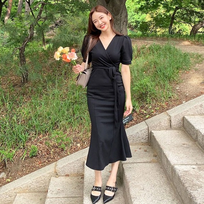레티고 브이넥 드레스업 슬림 롱 원피스