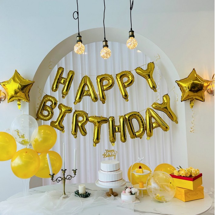 뽀무 생일파티 레터링 은박 풍선 풀 세트, 1세트, 골드