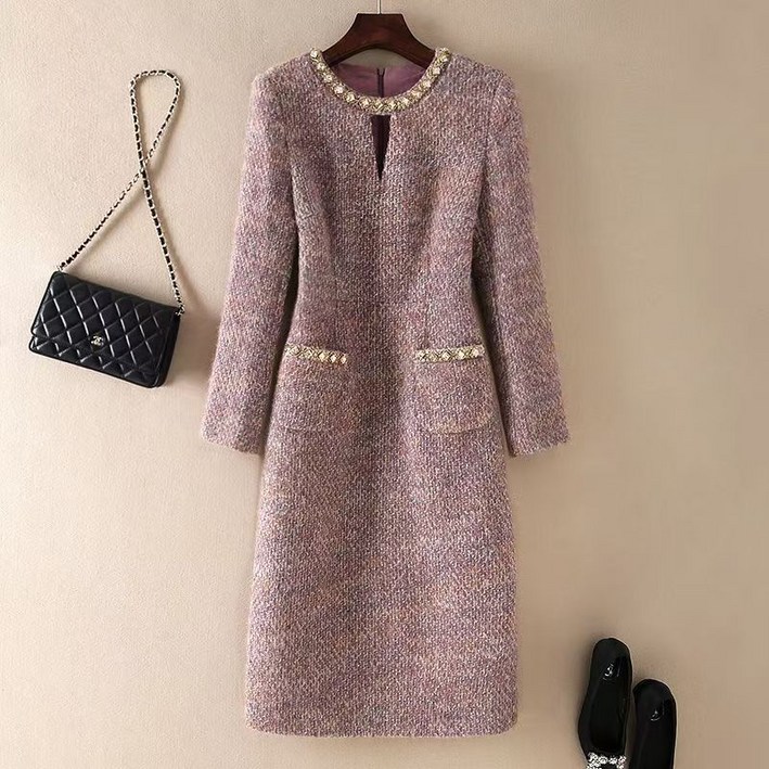JoYouth 가을 겨울 신상 따뜻한 보라 여성 하객 다이아몬드 포인트 트위드 원피스 결혼식 정장