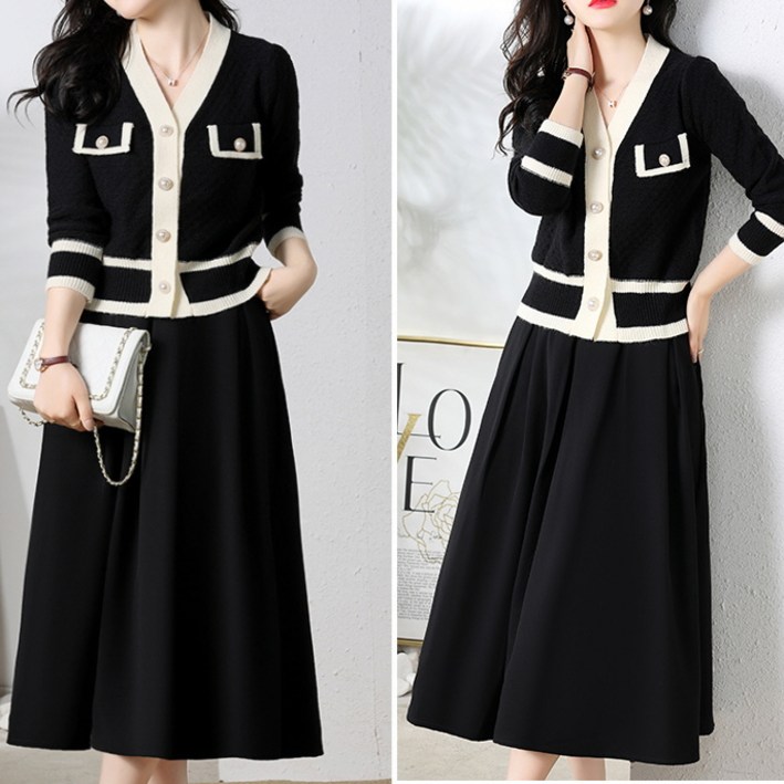 뉴욕멋쟁이 퀸즈 배색 니트가디건스커트 세트