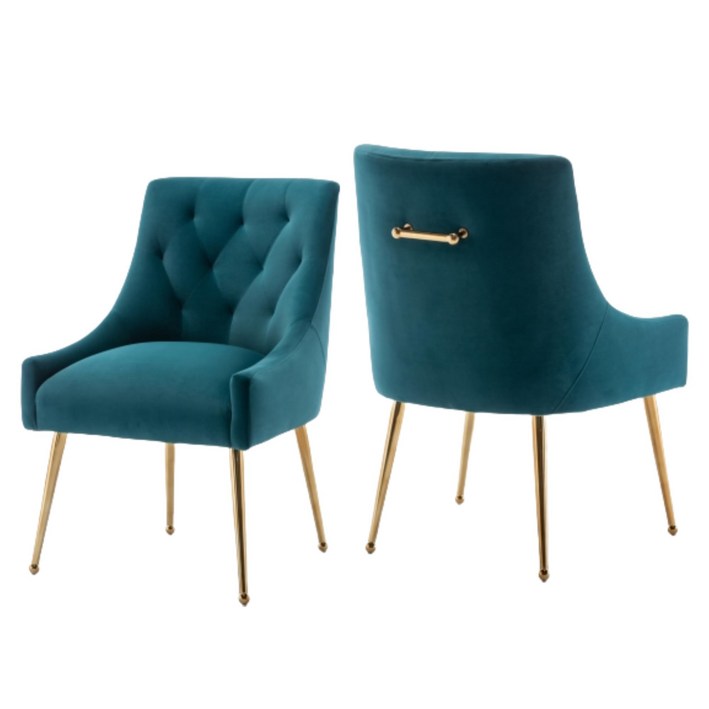 현대적인 벨벳 식탁 의자 골드 다리 디자인, 우아한 버튼 장식 포인트 체어, 거실 대기실 서재용, 하늘블루, 2개