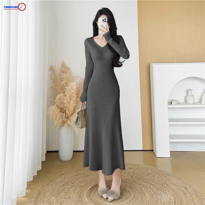 여성용 V넥 니트 롱 원피스 슬림핏 레이어드 드레스 플레어원피스 모더렌 기모 브이넥 랩스타일 롱원피스