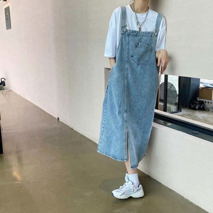 블랙번 포켓 오버핏 트임 데님 멜빵 롱 원피스