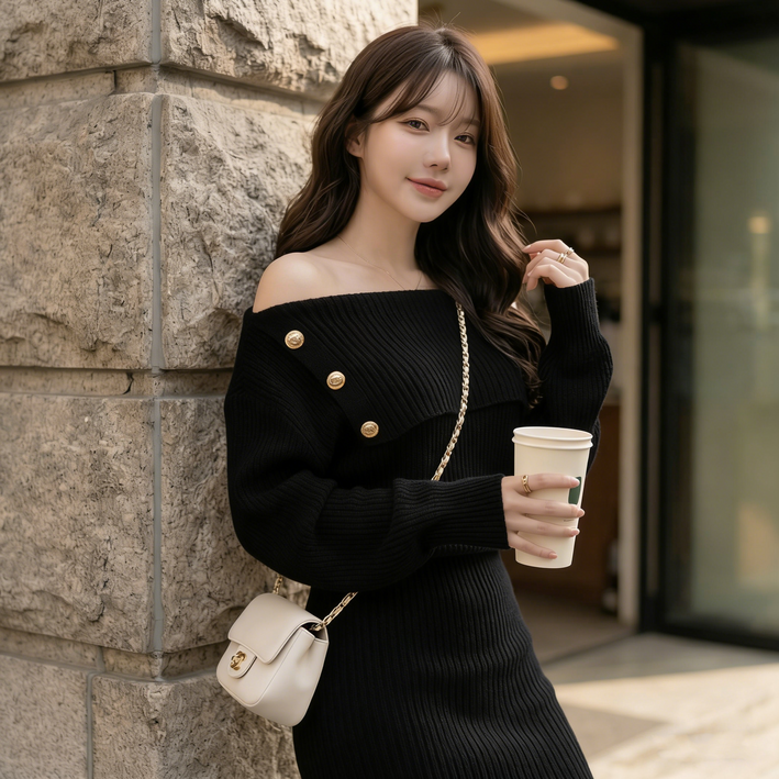 스타일닥터 스커트 여성 봄 가을 오프숄더 니트 원피스 단추 디테일 순욕룩 데일리룩 짧은 원피스 블랙 화이트
