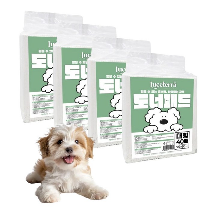 (동물병원추천 신제품) 루쎄테라 도너패드 강아지 가성비 실속형 배변패드 흡수력 새지않는 애견패드, 4개, 40개입