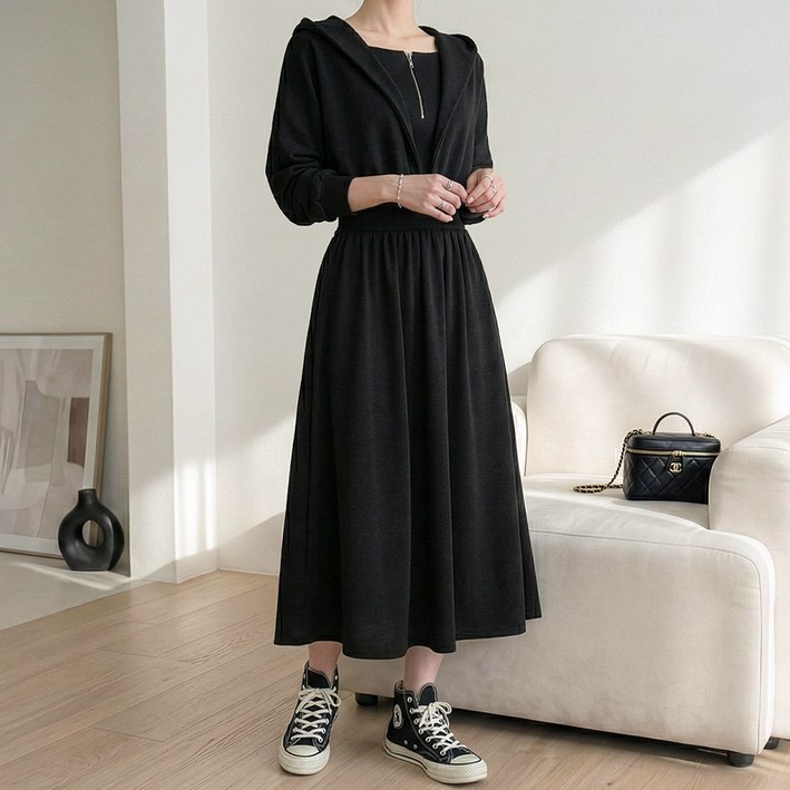 데일리앤 미엘 날씬핏 허리 밴딩 A라인 후드 반집업 롱 원피스