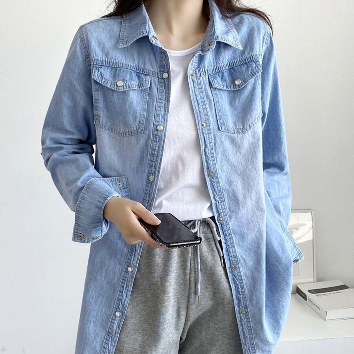 Skyciky 중간 길이 순면 데님 셔츠 여성 루즈핏 디자인 감각 긴팔 소수 브랜드 자켓 FF698