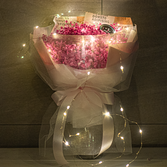 1000일 동안 시들지 않는 보존화 안개꽃다발 LED엽서꽃다발라운드오프, 핑크