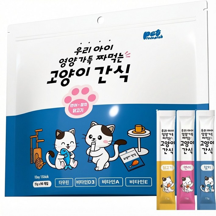 펫리서치 짜먹는 고양이 간식 츄, 참치연어닭고기, 15g, 90개