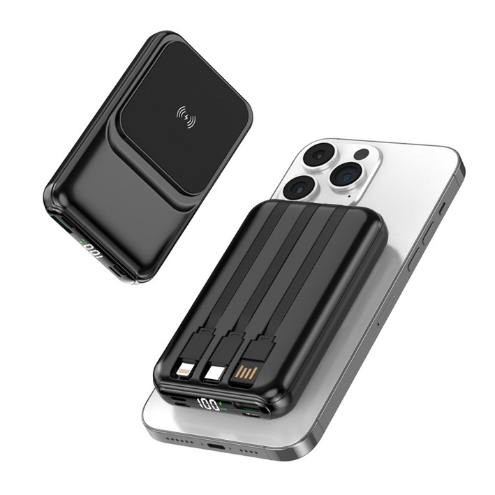 맥세이프 호환 보조배터리 대용량 20000mAh 15W무선+PD22.5W 고속충전  케이블 일체형  LCD잔량표시