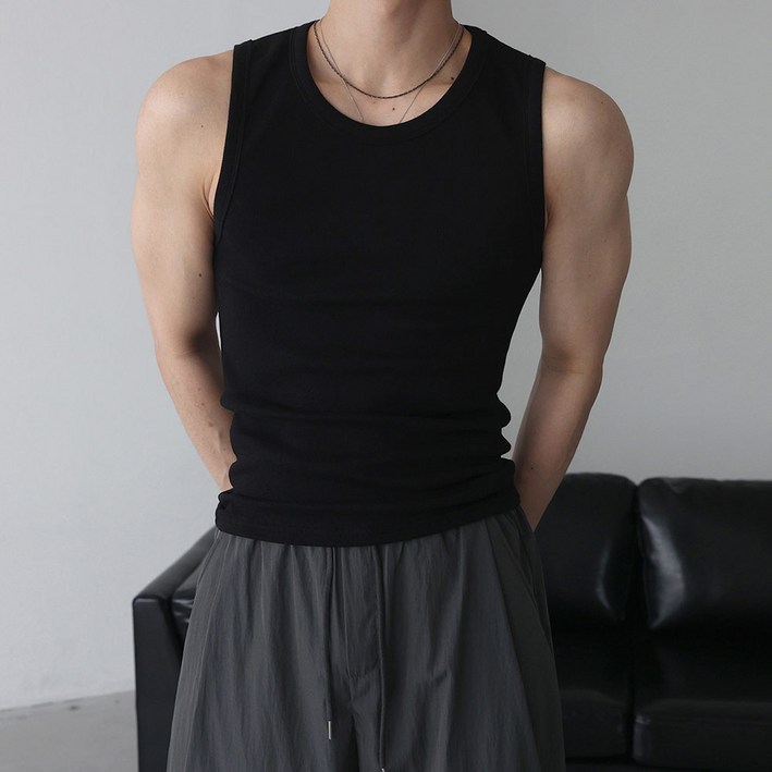 베이직바이블 남자 골지 나시 민소매 고탄력 스판 머슬핏 짐웨어 탄탄한 티셔츠