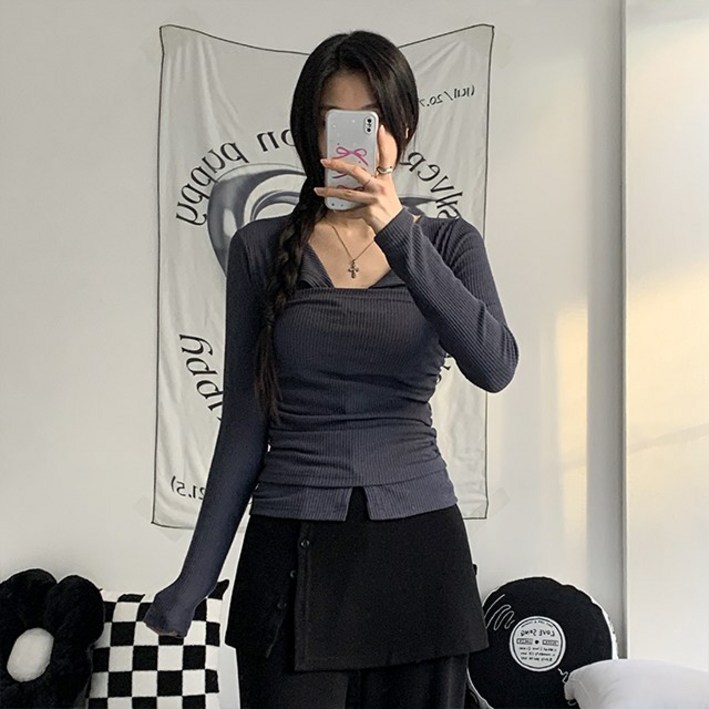 [여리글램/4col] 리린 슬림핏 골지 뷔스티에 셔링 탑 가디건 세트