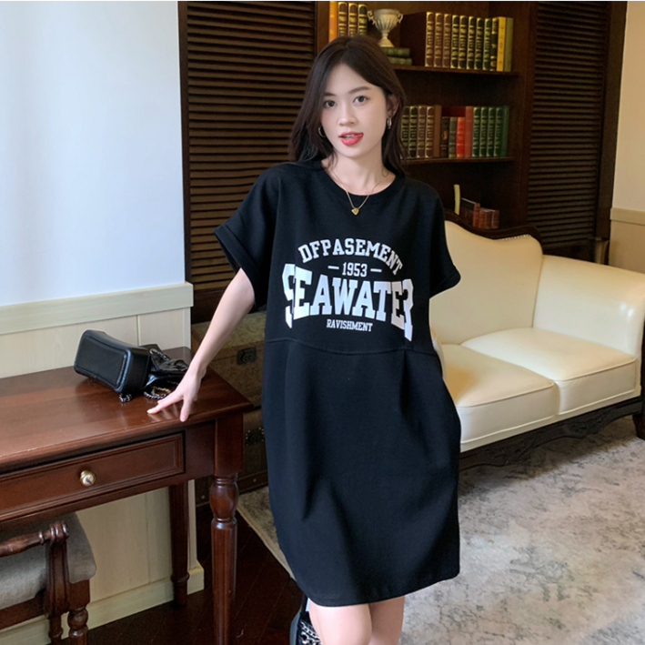썸머바이브 루즈핏 프린트 롱티셔츠 레터링 미니 원피스