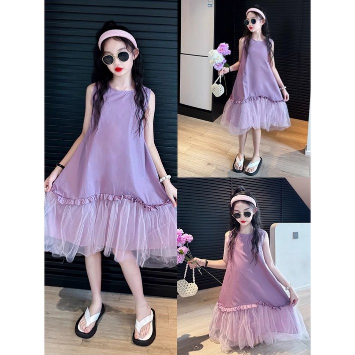 해피유통 여아 여름 민소매 퍼프스커트 보라색 튤 원피스디자인14세 이상