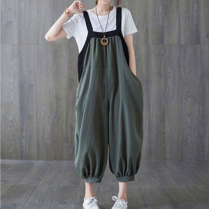 해피유통 여성 름 캐주얼룩 면마 혼방 와이드 멜빵 점프수트 무버튼 밴딩 바지단 디자인  9부 바지M05