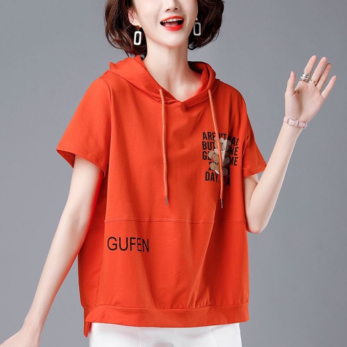 [Myshe]루즈핏 후드 티 여성 반소매티 반팔티 5부 소매 신상품 여자티 CBW002