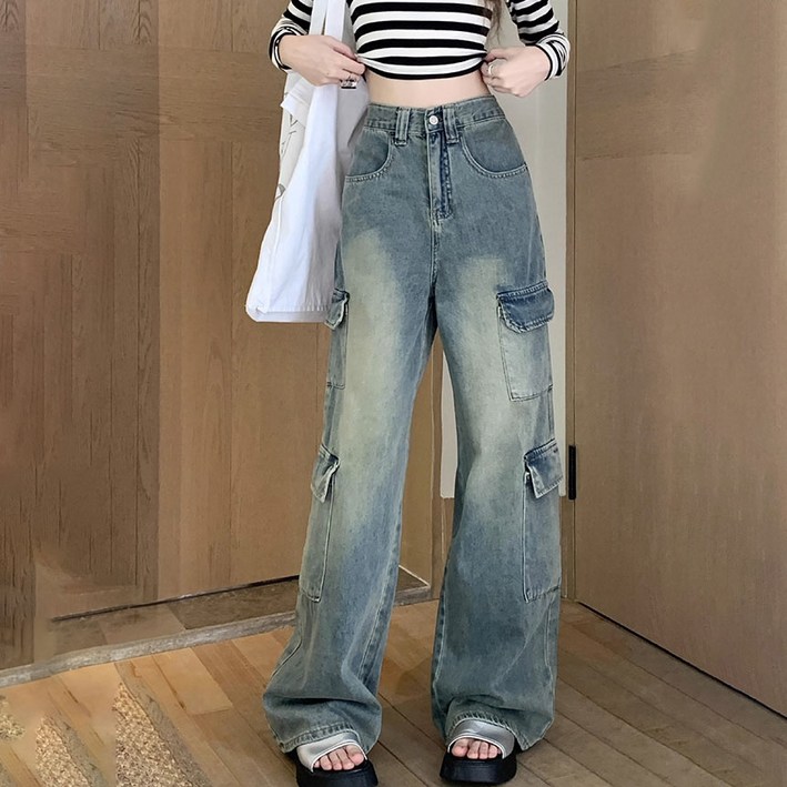 여성용 세미 와이드 데님 팬츠 캐주얼 여름 투포켓 카고 청바지 투포켓카고데님팬츠