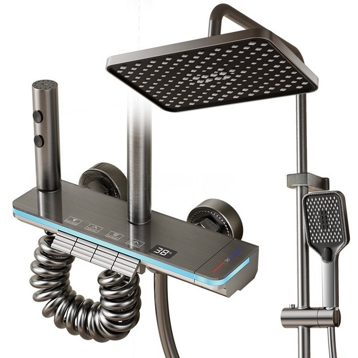 해바라기 샤워기 세트 선반형 원터치 4단 조절 절수 샤워 헤드 세트 수압상승 샤워기 샤워수전, 블랙, 1개