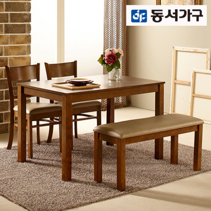 동서가구 원목 우드 4인용 식탁 테이블의자 2EA벤치의자 1EA 세트 DF632653, 카카오