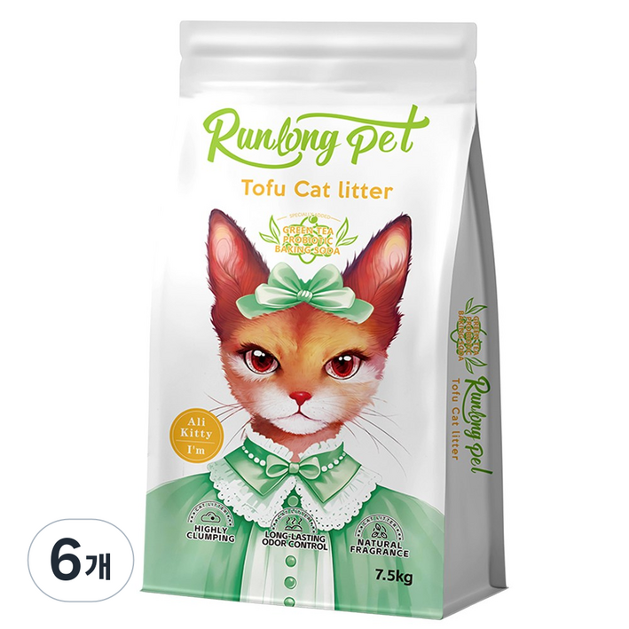 RUNLONG 고양이 두부모래 무분진 초강력탈취 초속결단 변기처리대용량 1.5mm, 녹차, 6개, 20L
