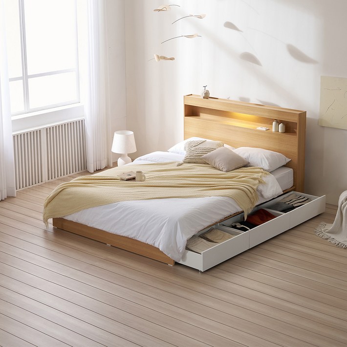 서울소호 트리플 LED 수납 침대프레임  파워 본넬 양면 퀸 매트리스 세트 방문설치, 우드프레임, 화이트매트리스