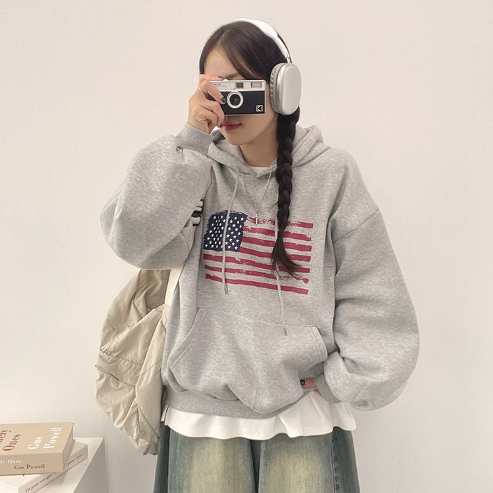 위드후이린 애니 성조기 루즈핏 기모 후드티