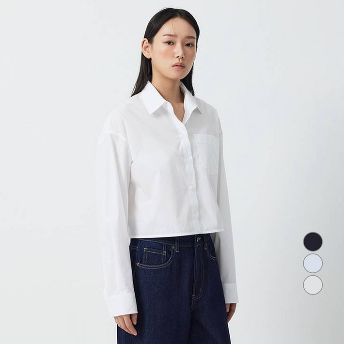 JAJU 여성용 포플린 코튼 긴팔 크롭 셔츠