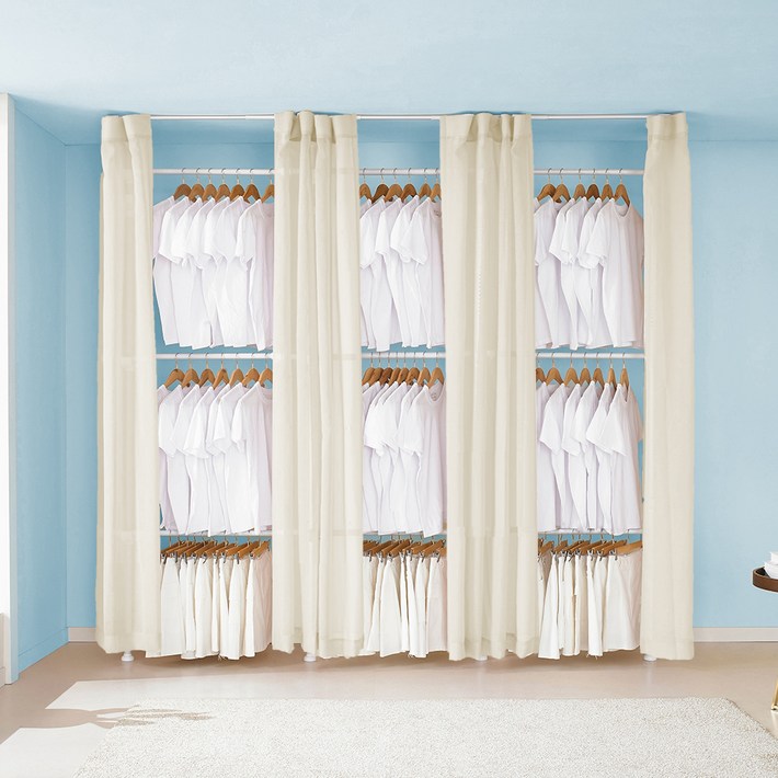 이지온 우먼스 튼튼한 고정식 설치형 드레스룸 시스템 커튼 옷걸이 행거 EWS419, 아이보리