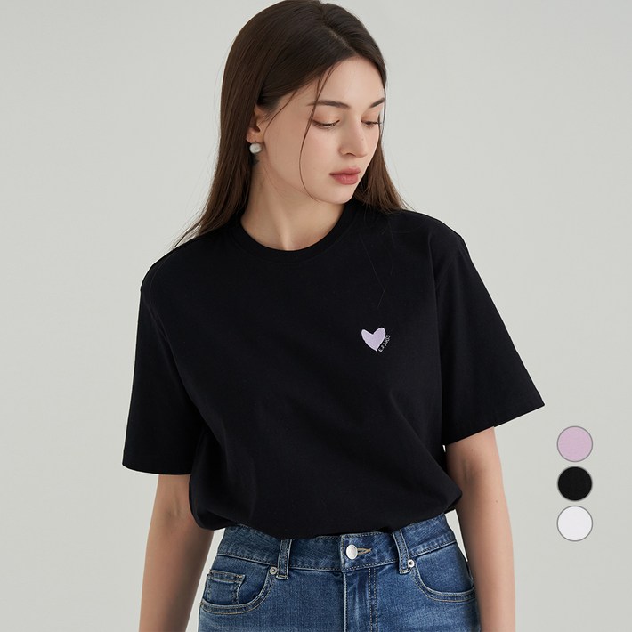 ELLE PARIS 여성용 통기성 하트 자수 반팔 티셔츠