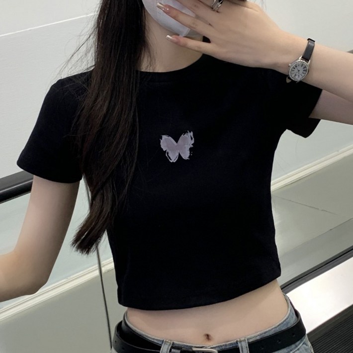 젤루나 여성용 나비 프린팅 크롭 반팔 티 TH35