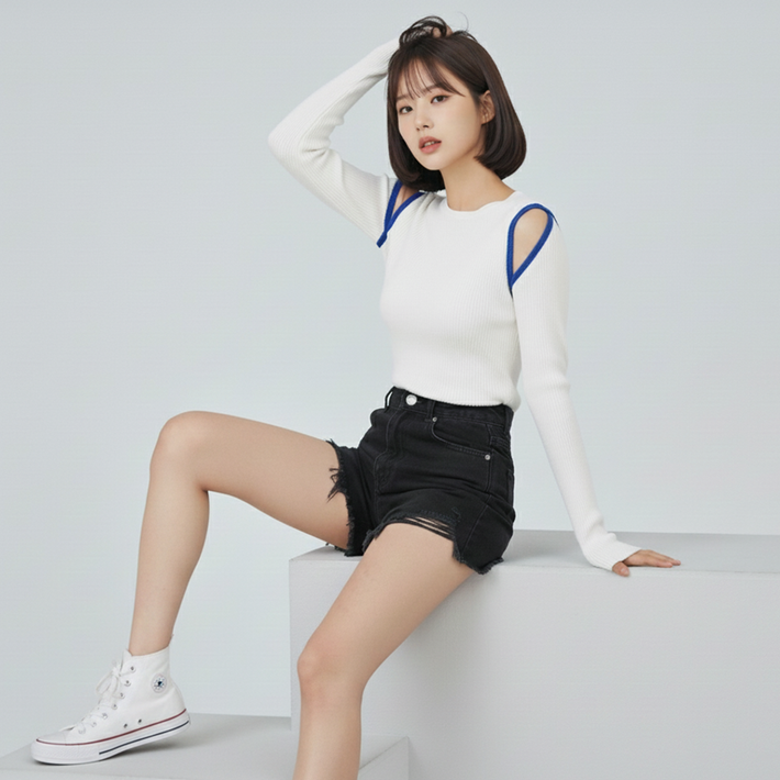 페이퍼먼츠 여성용 숄더트임 배색라인 니트 티셔츠 14071