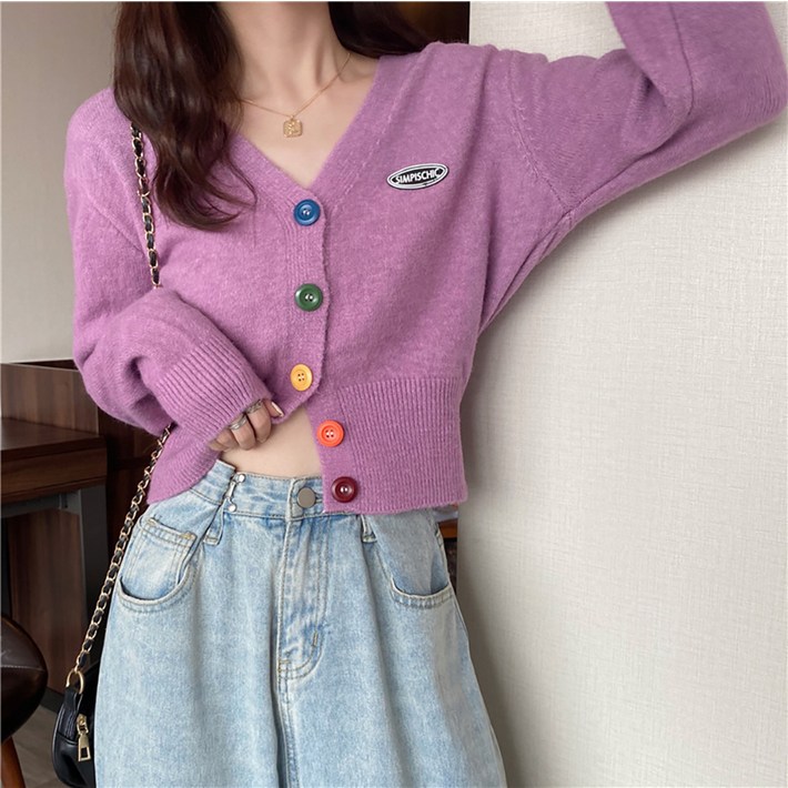 마켓에이 여성용 레인보우 버튼 크롭 가디건