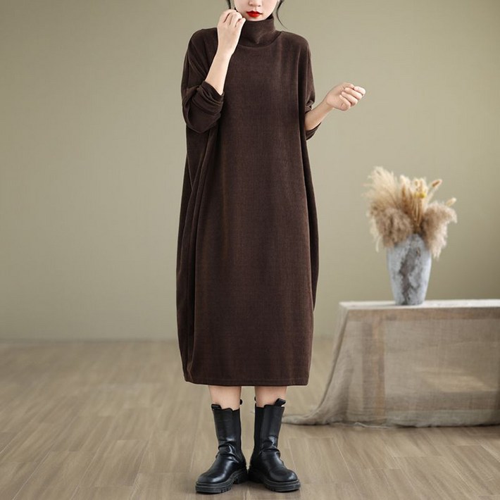 ORZQU 봄가을 여성 오버핏 빅사이즈 하이넥 솔리드 긴팔 코쿤 라인 원피스