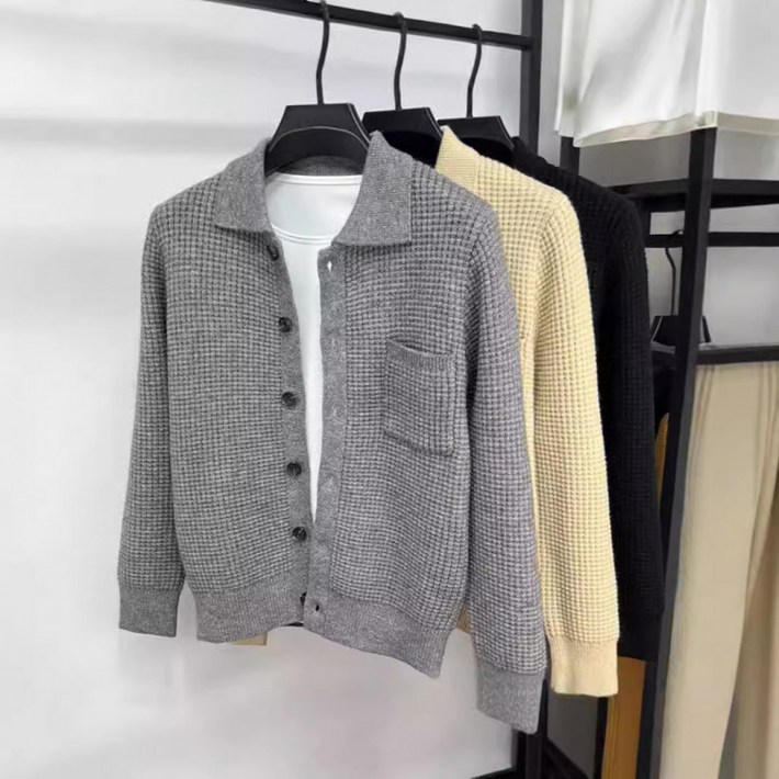 남성 니트가디건 슬림핏 캐주얼 라펠 자켓 스타일 트렌디한 도톰한 소재 올매치 아우터웨어 편안한 착용감