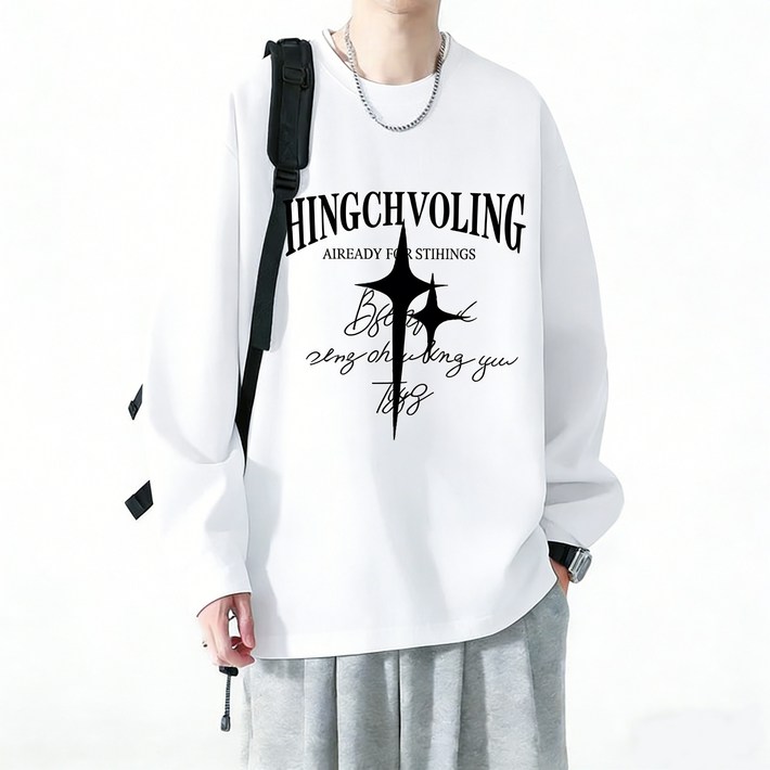 ANYOU 남성 춘추 라운드 맨투맨 긴팔 티셔츠 나염 루즈핏