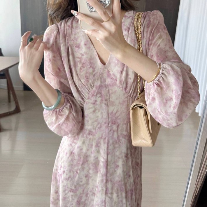F007222수채화나염 쉬폰셔링 쉬폰원피스