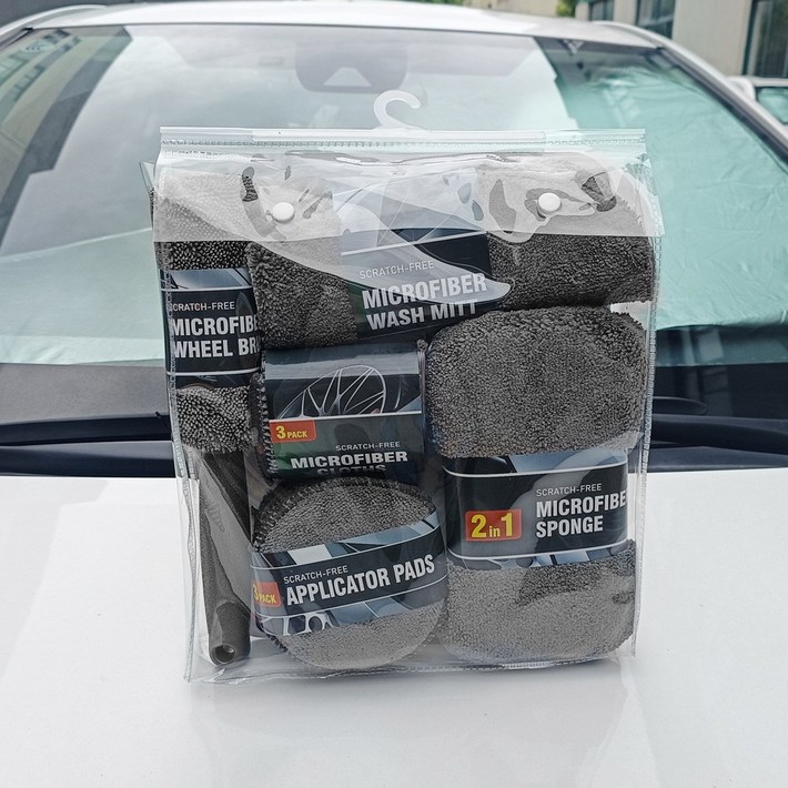 자동차 미용 청소세트 , 가정용 세차 핸드글로브, 수건, 닦는 수납, 왁스 바르는 스폰지, 휠훅 브러시 자동차 셀프세차 품세트 새차선물, 1세트