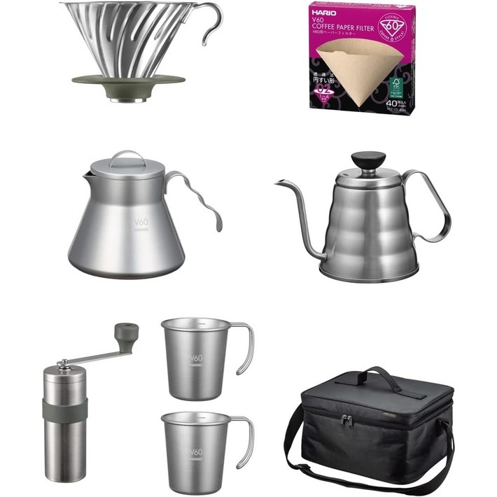 하리오 V60 핸드드립 캠핑 세트 500ml 실버 OVCSM50HSV, 600ml, 주전자, 1개
