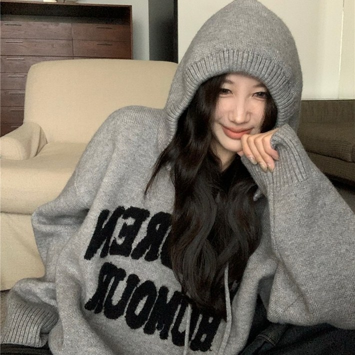 KDNC 여성 후드 니트 티셔츠 봄가을 이너 니트