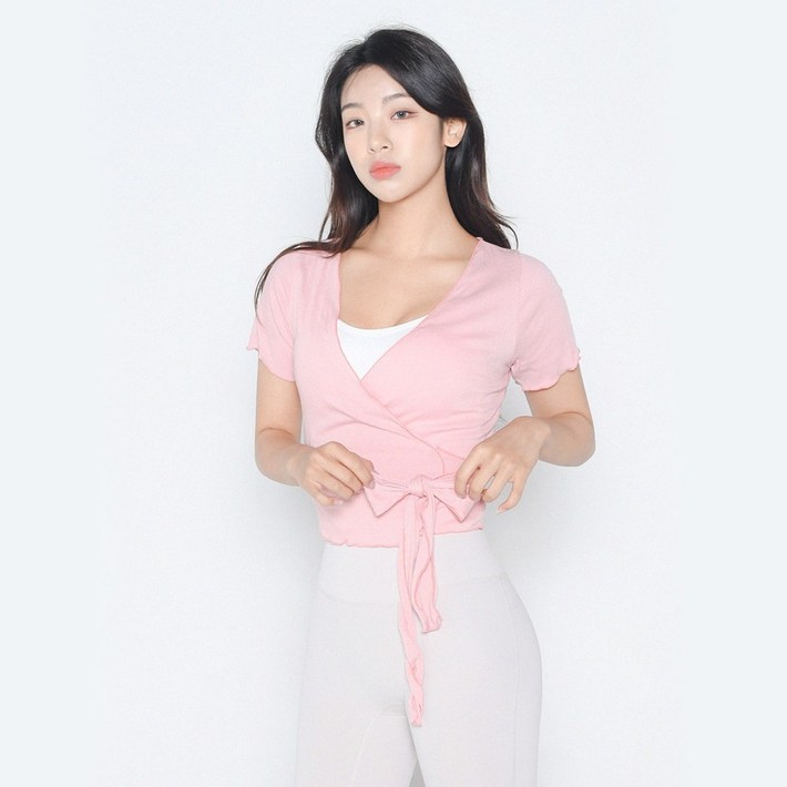 뮤즈마인 블러 리본 랩 가디건 3COLOR 커버업 데일리 여리핏 크롭 반팔 요가복 필라테스 상의 헬스복 발레코어 골지 리본 여자운동복